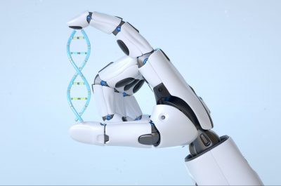 Robot android hand holding cyber DNA. 3D illustration