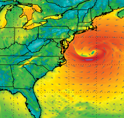 A weather map displaying a heat map of the eastern United States and the Atlantic Ocean, showing wind patterns and temperature variations.