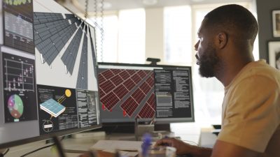 Close up of an African American man working at a computer screen. 