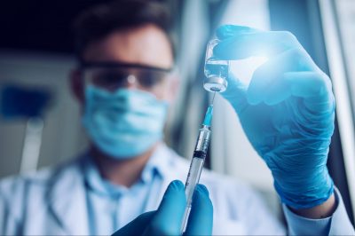 A healthcare professional wearing a surgical mask, protective eyewear, and blue gloves carefully fills a syringe with a liquid vaccine from a vial.